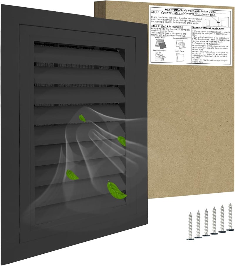 JONRIOX 12"*18" Gable Vent,Aluminum Alloy Wall Vent Shed Vents,with Removable Strainer and 180 Degree Opening Angle.Ideal for Attic,Shed,Garage,Play House,Coop.[Inside Dimensions:9.5" w X 15" h]-Black 1 Pack - Image 1